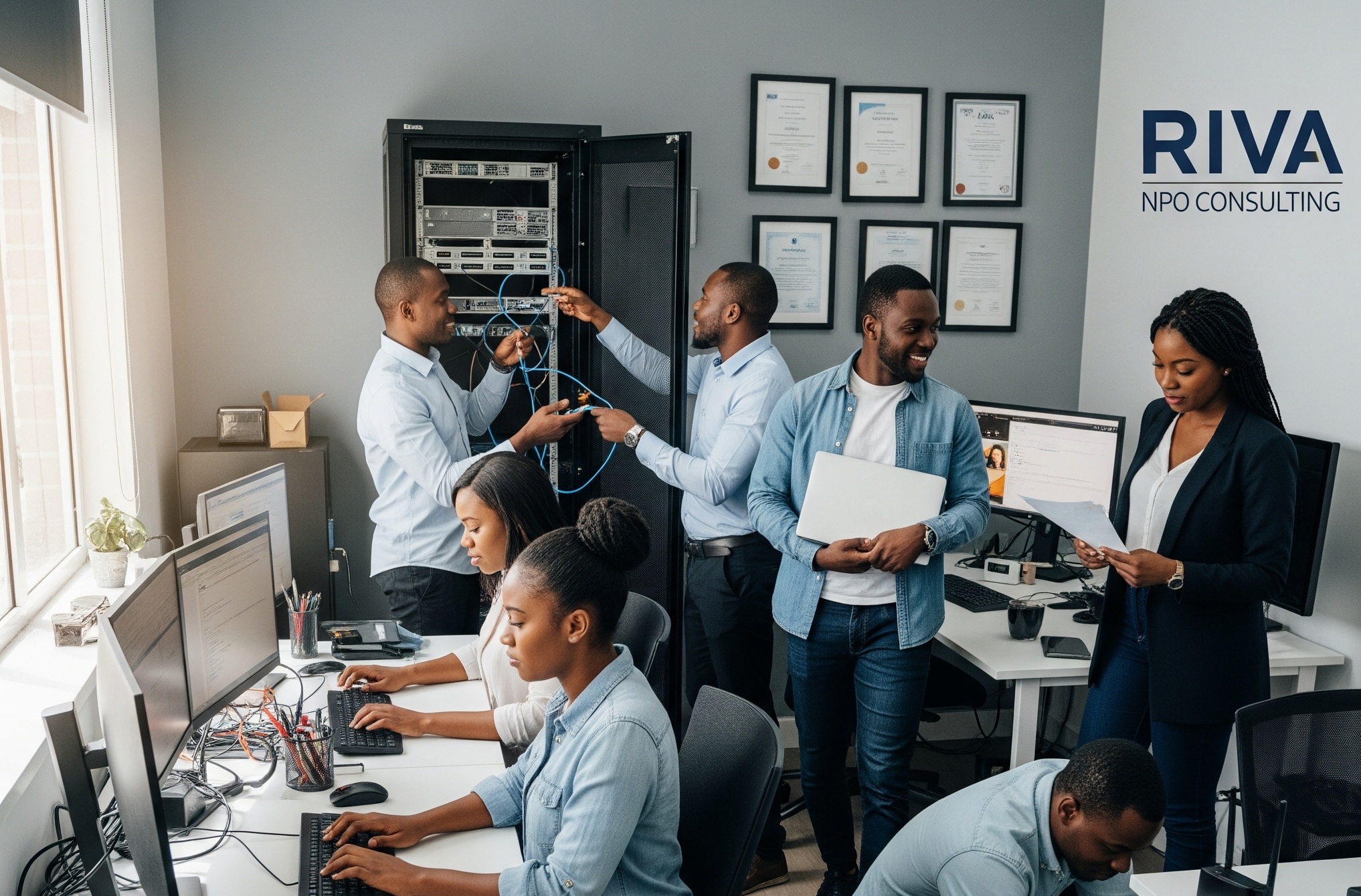 People working with technology